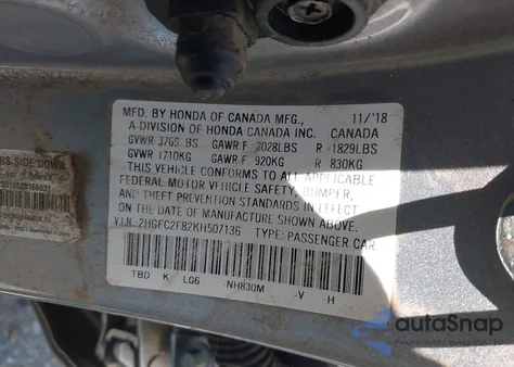 2019 Honda Civic Sport from USA, damaged, VIN 2HGFC2F82KH507136